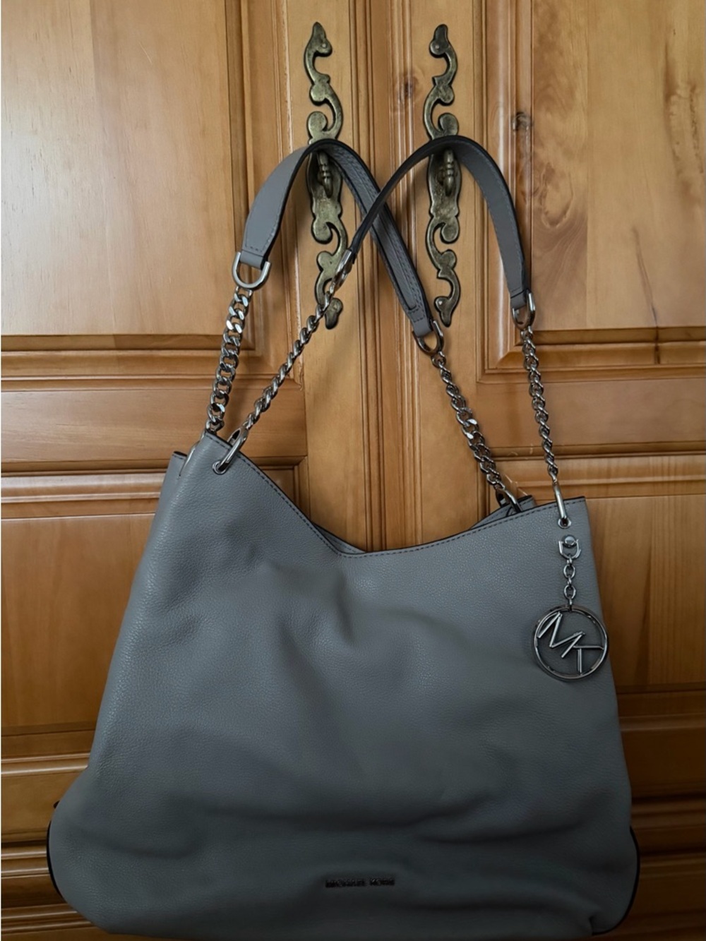 Michael Kors Slate Gray Pebbled Leather Shoulder Tote with Chain Straps